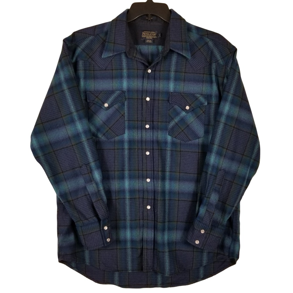 Pendleton Canyon Western Shirt Men Large Blue Green Plaid 100% Virgin Wool Snaps